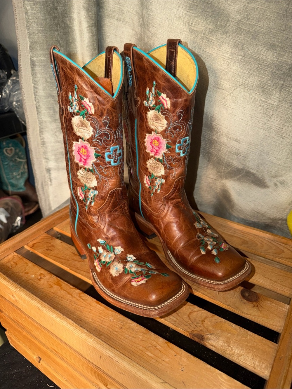 Macie Bean Kid's Honey Bunch Brown/Floral Square Toe Western Boot MK9012 Size 5